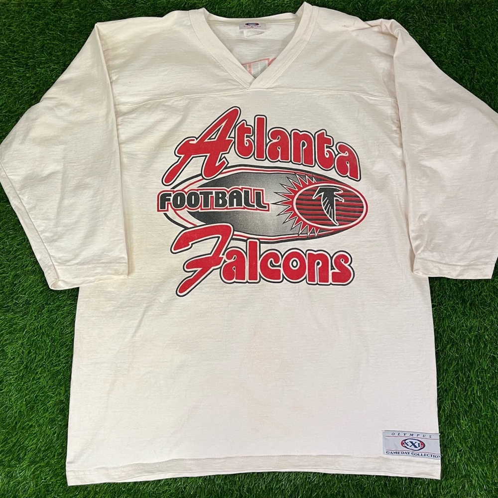 Vintage 90s 1990s Olympus NFL Alanta Falcons White 3/4 Sleeve Jersey Shirt Sz XL